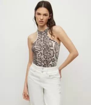 Image of AllSaints Womens Womens Animal Print Norma Noche Bodysuit, White and Black, Size: 6, White/Black
