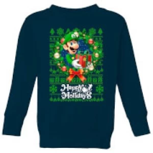 Image of Nintendo Super Mario Happy Holidays Luigi Kid's Christmas Sweatshirt - Navy - 9-10 Years
