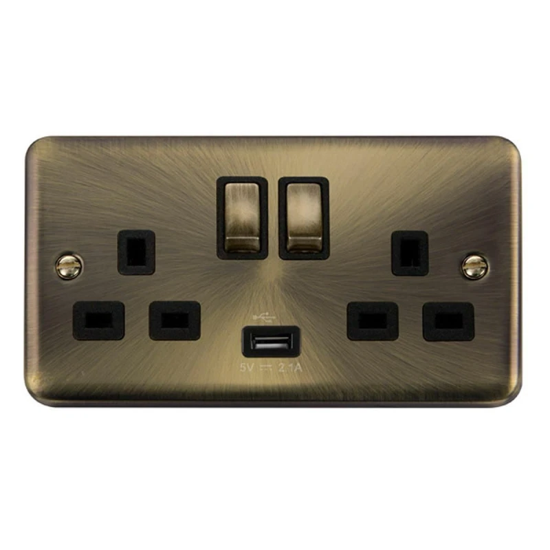 Image of SE Home Curved Antique Brass 2 Gang 13A DP Ingot 1 USB Twin Double Switched Plug Socket Gold