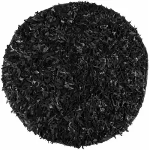 Image of Dallas Leather Shaggy Rug Black, 150cm Round - Black - Homescapes