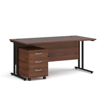 Image of Office Desk Rectangular Desk 1600mm With Pedestal Walnut Top With Black Frame 800mm Depth Maestro 25 SBK316W