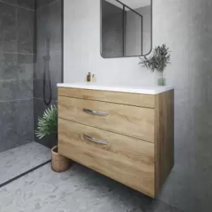 Image of Nuie - Athena Wall Hung 2-Drawer Vanity Unit with Sparkling White Worktop 800mm Wide - Natural Oak
