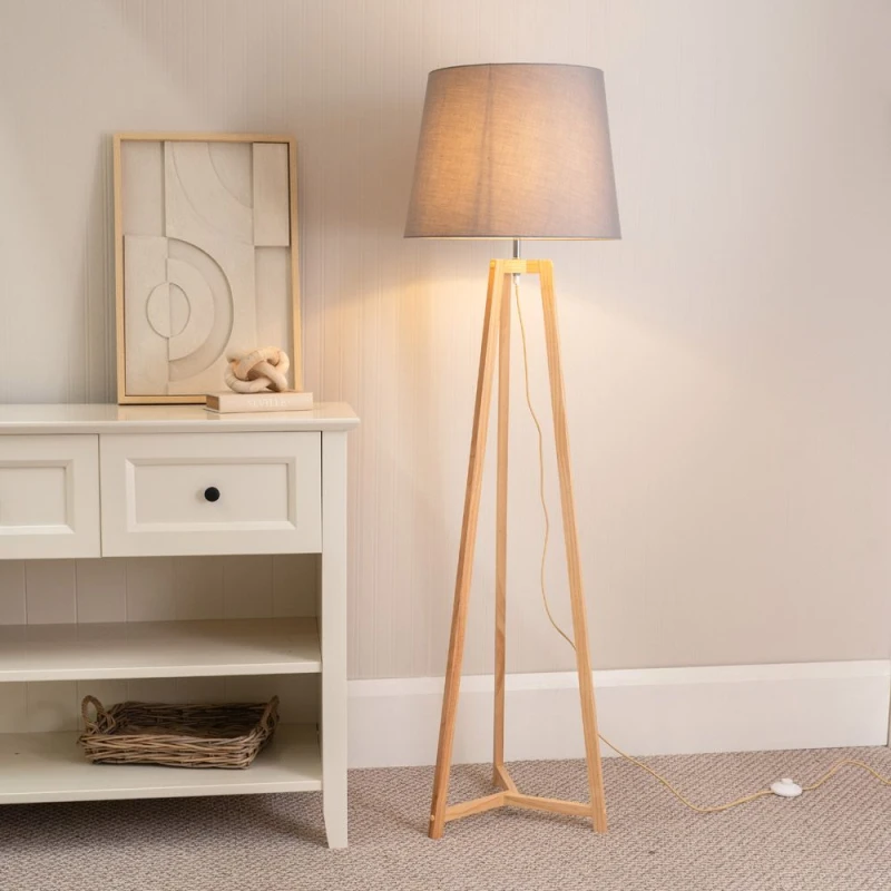 Image of ValueLights Lottie Natural Wood Tripod Floor Lamp with Fabric Tapered Shade Grey
