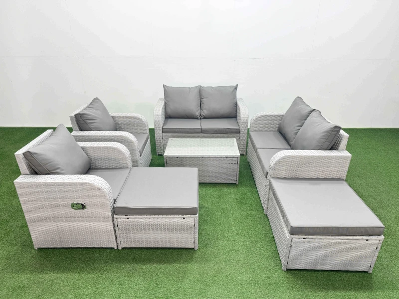 Image of Fimous 8 Seater Outdoor Reclining Chair Love Sofa Set Rattan Garden Furniture Set with Rectangular Coffee Table 2 Big FootStools Light Grey Light Grey
