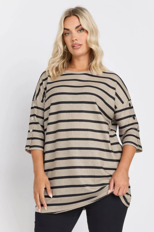 Image of Yours Womens Striped Button Sleeve Top in Natural Size: 30-32 Natural Female 30-32