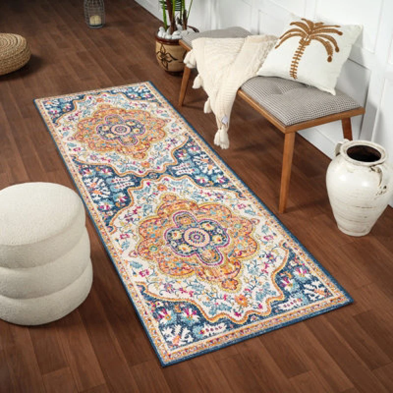Image of Livabliss Vintage Oriental Boho Navy Willow Runner Rug 80 X 220 Cm - Easy Care, Non Shedding, Ideal For Hallway Or Beside The Bed