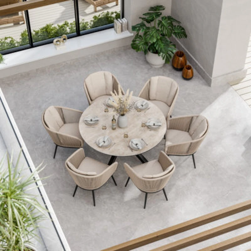 Image of Royalcraft Bali 150Cm Round Ceramic Table With 6 Bali Rope Chairs