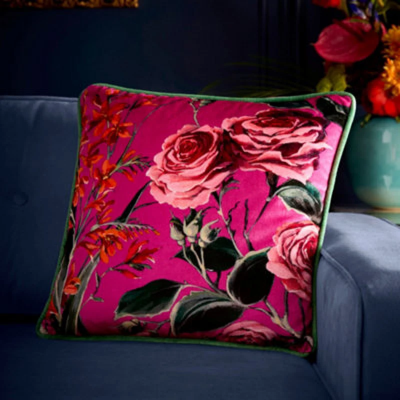 Image of Laurence Llewelyn-Bowen Cotswald Fantasia Dawn Soft Touch Floral Print Pink Velvet Filled Cushion