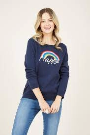 Image of Yumi Navy Cotton Slogan Jumper - S
