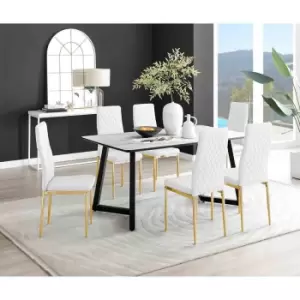 Image of Furniture Box Carson White Marble Effect Dining Table and 6 White Milan Gold Leg Chairs