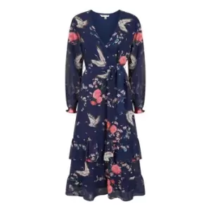 Image of Yumi Navy Crane Print Wrap Midi Dress - Blue