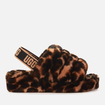 Image of UGG Womens Fluff Yeah Slide Leopard Print Sheepskin Slippers - Butterscotch - UK 4