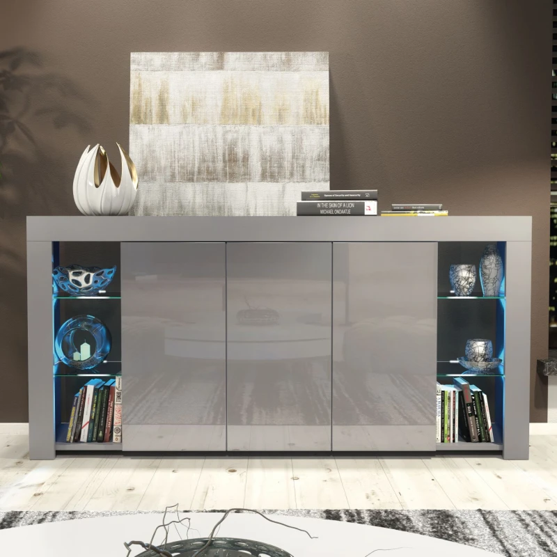 Image of Mex Furniture LTD Sideboard with LED Lighting & Gloss Doors / 164cm in Dark Grey Dark Grey Unisex