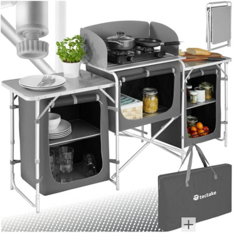 Image of Tectake Camping Kitchen - Foldable With 5 Compartments, Aluminium Frame - Grey