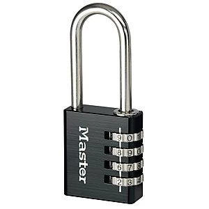 Image of Master Lock 7640EURDBLKLH 4 Digit Resettable Long Shackle Padlock - Black Aluminium 40mm