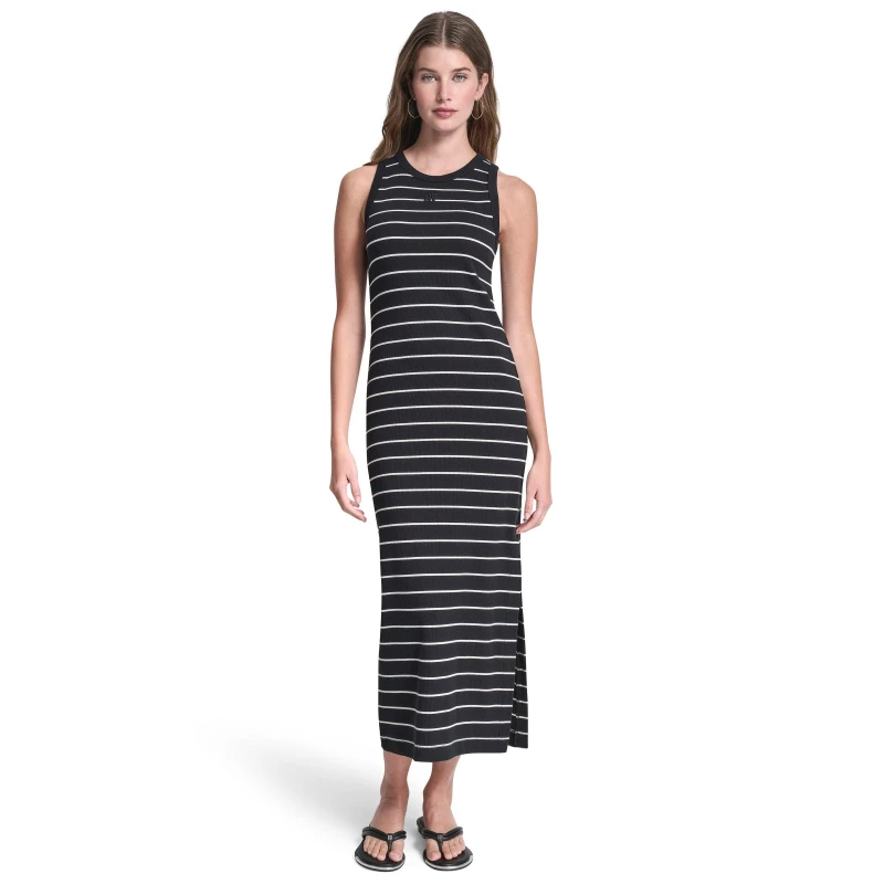 Image of DKNY Jeans Striped Rib Tank Maxi Dress Blk/Eggnog female 8 (XS)