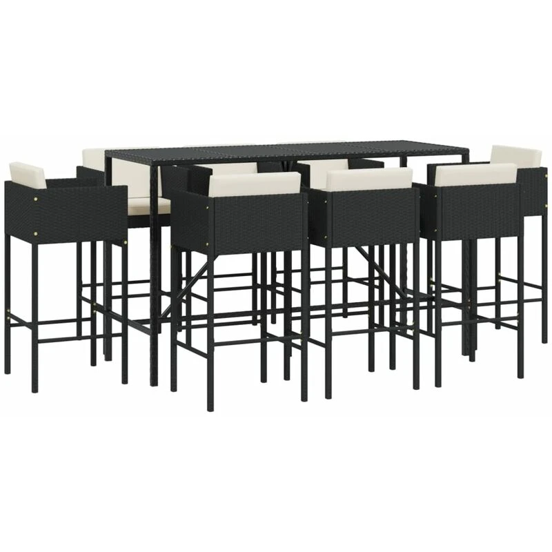Image of vidaXL 9 Piece Garden Bar Set with Cushions Black Poly Rattan, Black 3203937