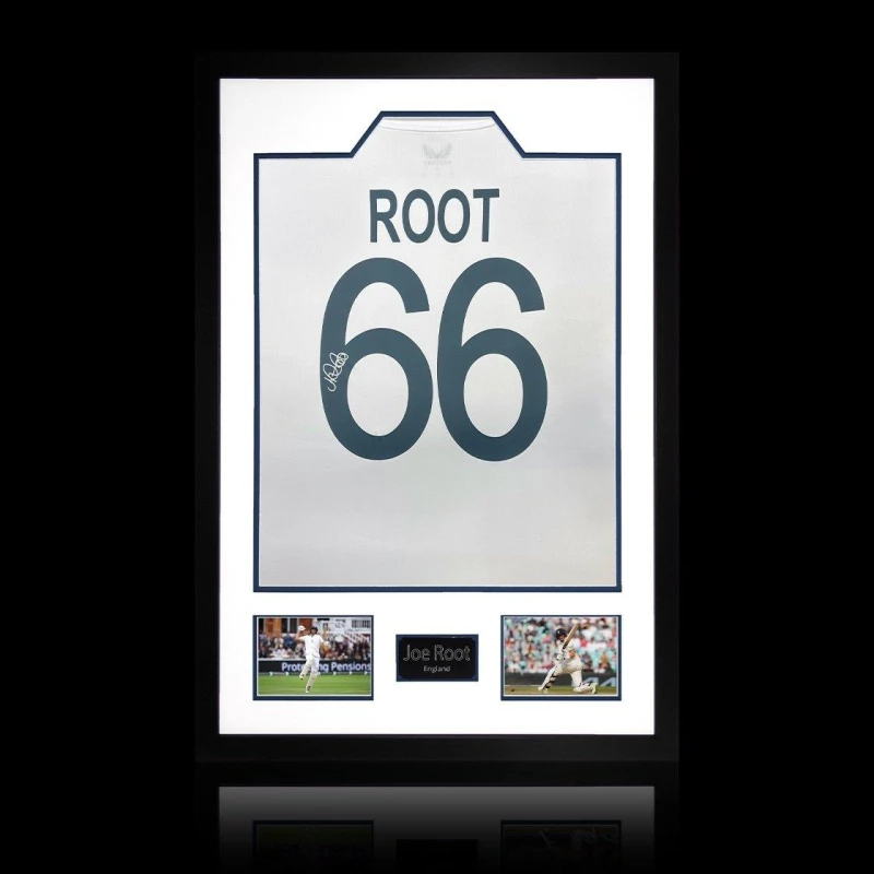 Image of The Fan Cave Joe Root Signed England Test Shirt Premium Frame White unisex 850mm x 60