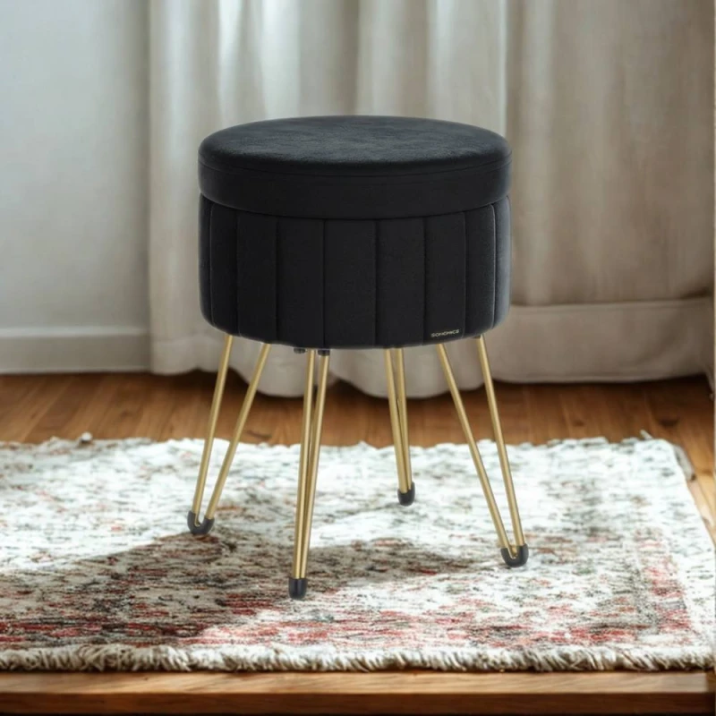 Image of Pirlo Plush Velvet Round Ottoman Footstool With Storage in Black Unisex
