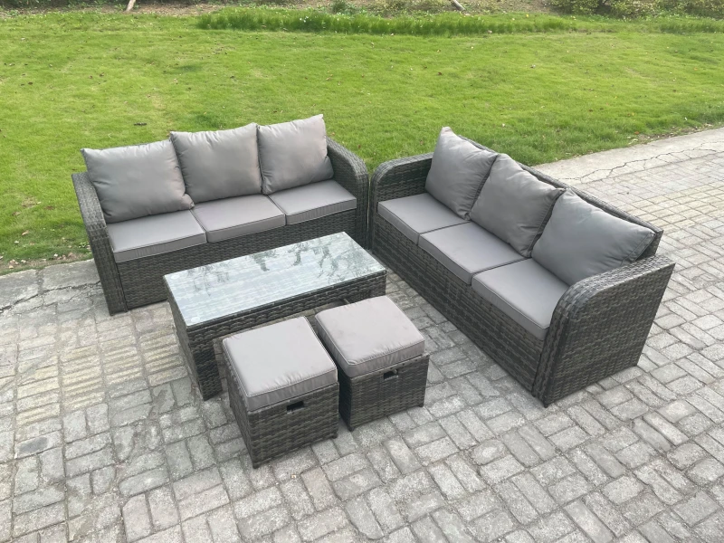 Image of Fimous 8 Seater Patio Garden Furniture Sets Wicker Outdoor Rattan Furniture Sofa Sets with Rectangular Coffee Table 2 Small Footstools Dark Grey