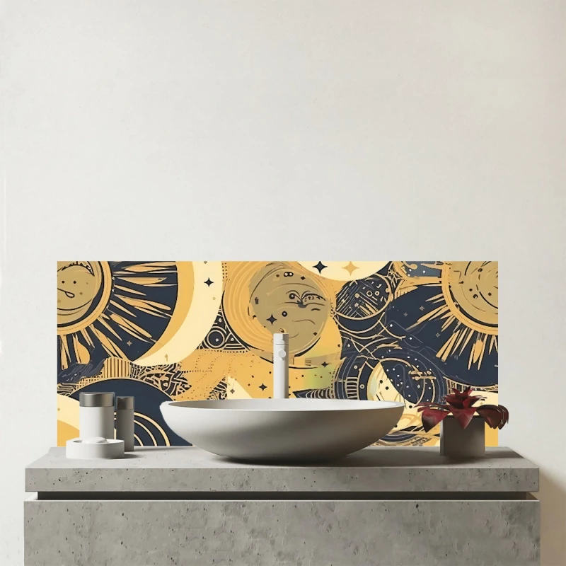 Image of Warren Reed - Designer Blue Gold Moon & Sun Glass Bathroom Splashback in Yellow Yellow Unisex