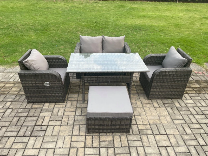 Image of Fimous Outdoor Rattan Garden Furniture Lounge Sofa Set With Rectangular Dining Table 2 PC Reclining Chair Footstool in Dark Grey Dark Grey Unisex
