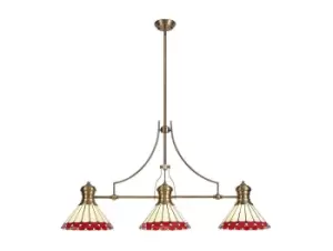Image of 3 Light Telescopic Ceiling Pendant E27 With 30cm Tiffany Shade, Antique Brass, Red, Crystal