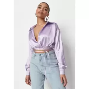 Image of Missguided Satin Wrap Front Crop Shirt - Purple