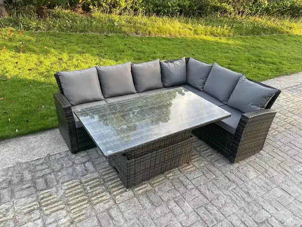 Image of Fimous 6 Seater Outdoor Dark Grey Rattan Lounge Complete Sofa Set with Regular Adjustable Table