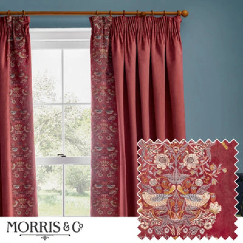 Image of Morris & Co Morris & Co Strawberry Thief Embroidery Embroidered Velvet Room Darkening Pencil Pleat Curtains Size: 229cm width x 183cm drop Red 229cm