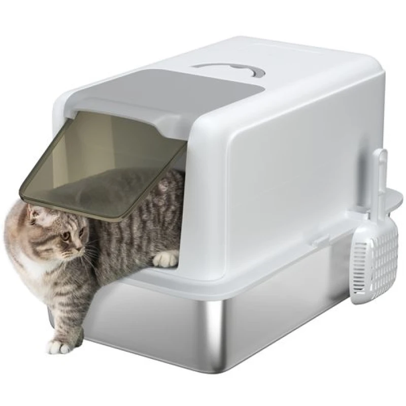 Image of PawHut Stainless Steel Cat Litter Box with Removable Lid - Scoop - White TJ Hughes 5063603876033