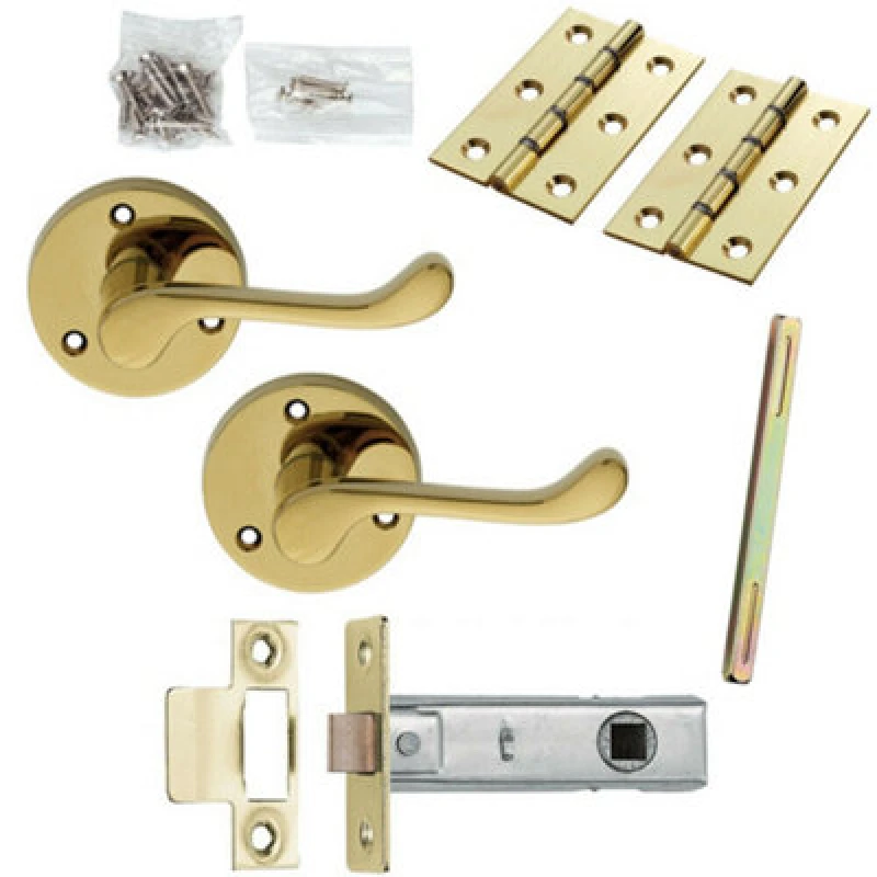 Image of Loops Door Handle & Latch Pack Brass Victorian Scroll Curved Screwless Round Rose Metallics