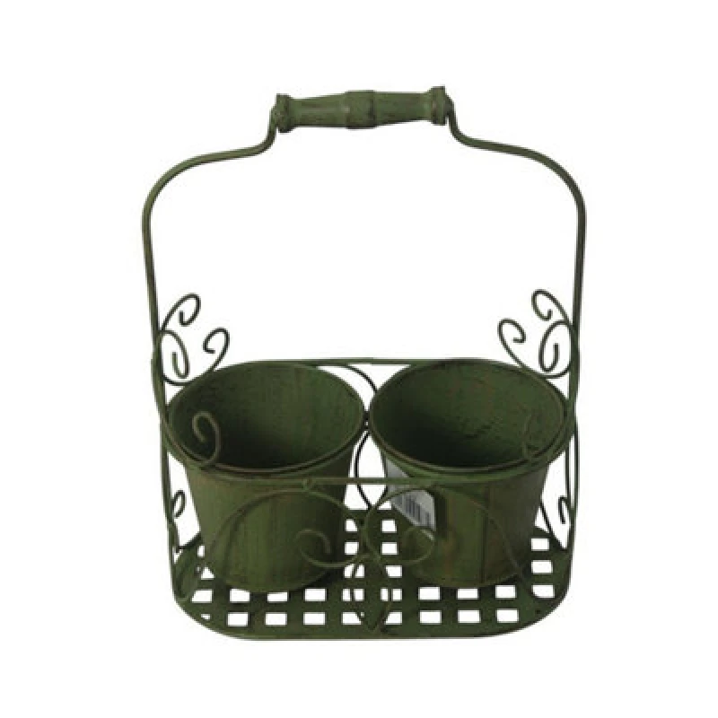 Image of Minster 2 Decorative Basket Pot Planter - Metal - L13 X W26 X H34cm - Leaf Green