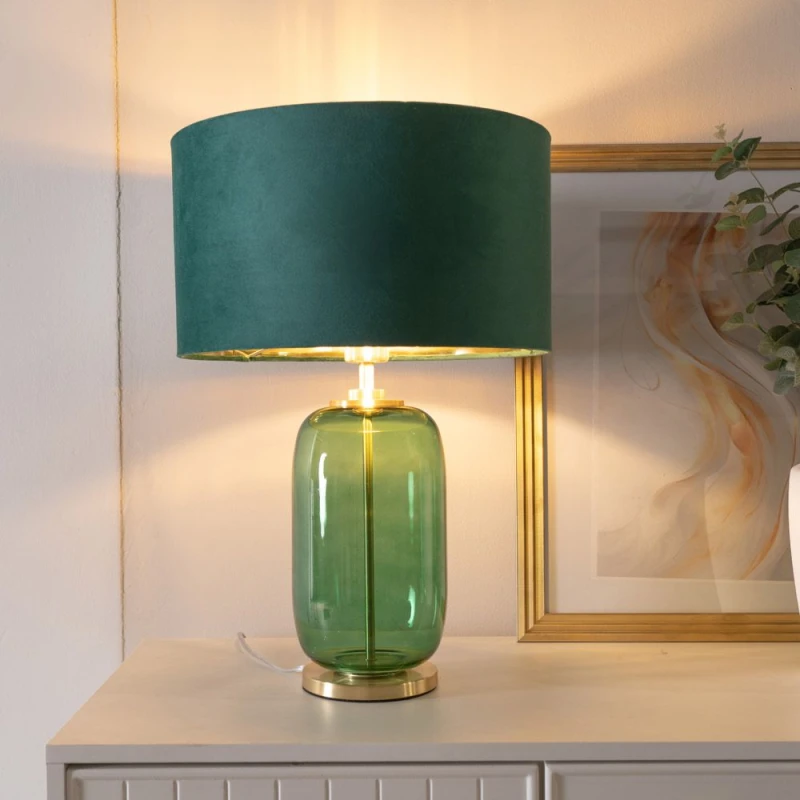 Image of ValueLights ValueLights Leigh Forest Green & Gold Glass Table Lamp with Green Velvet & Gold Shade & Bulb in Bottle Green Bottle Green One Size Unisex