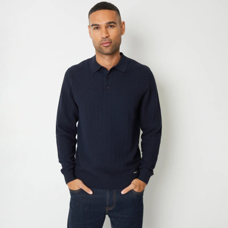 Image of Threadbare 'Shawbrook' Long Sleeve Textured Knit Polo Collar Jumper Navy