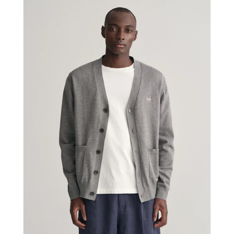 Image of Gant Classic Cotton V-Neck Cardigan Grey male S