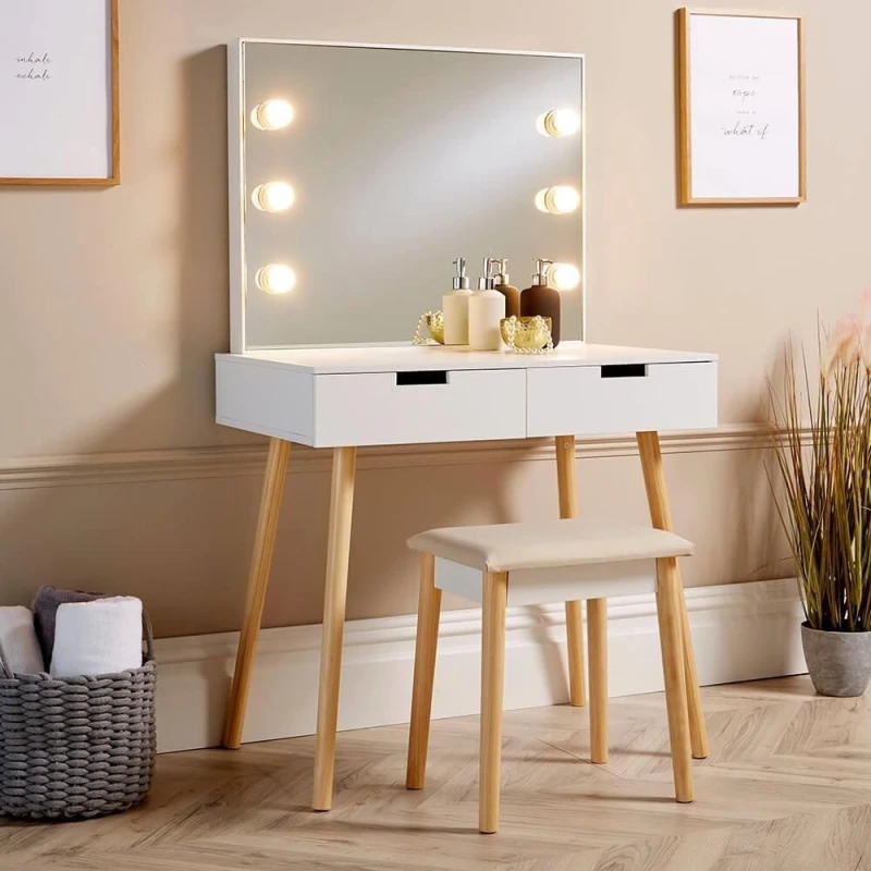 Image of Home Source Dressing Table 2 Drawer Vanity Set Mirror Makeup Desk Padded Stool White