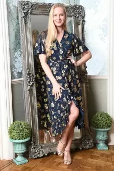 Image of Navy Rose Foil Print Wrap Midi Dress