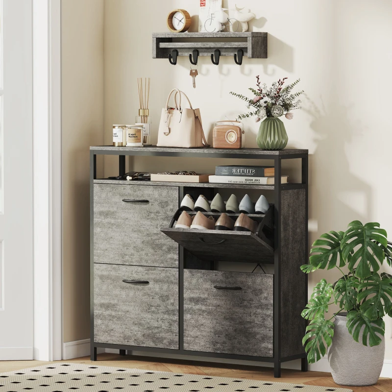Image of HOMCOM HOMCOM Narrow Shoe Cabinet with 4 Flip Drawers and Open Shelf in Grey Grey One Size Unisex 5063603193000