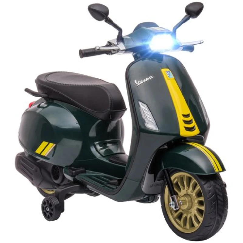Image of AIYAPLAY Vespa Licensed 12V Kids Electric Bike w/ 2 Training Wheels - White - Green TJ Hughes 5056725549640