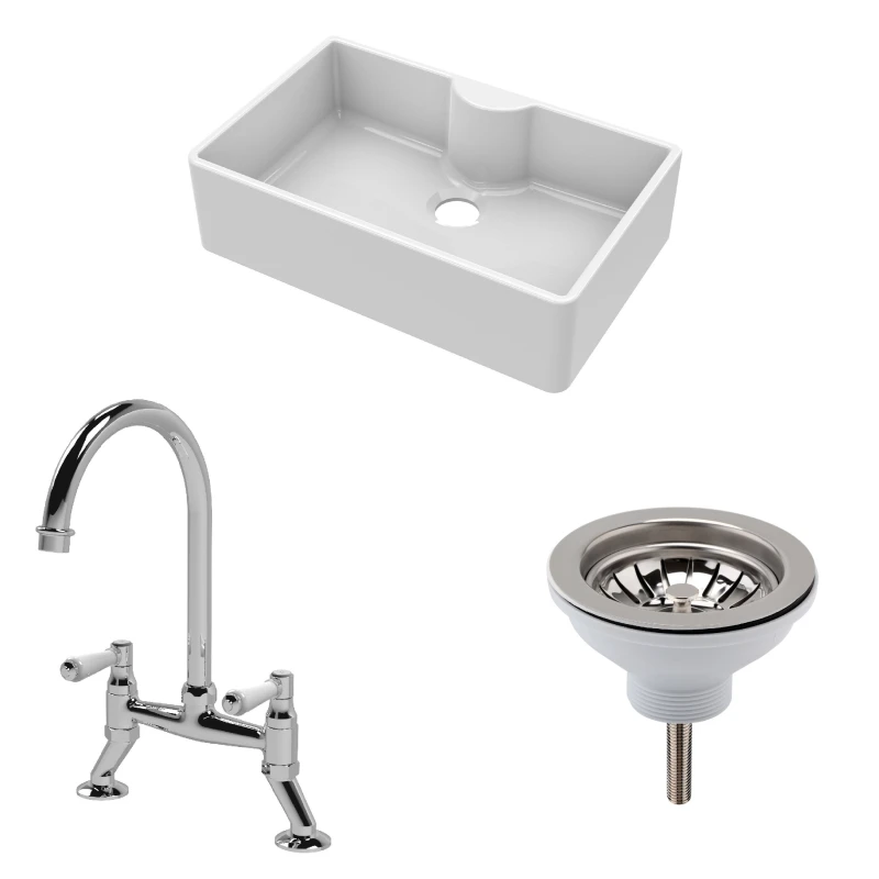 Image of Balterley Fireclay 1 Bowl Butler Sink Tap Ledge Waste Mixer Tap 795mm Silver