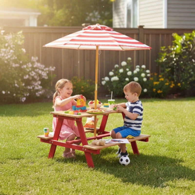 Image of Teamson Kids Children's Wooden Picnic Table With Umbrella For Outdoor Garden Play, Red