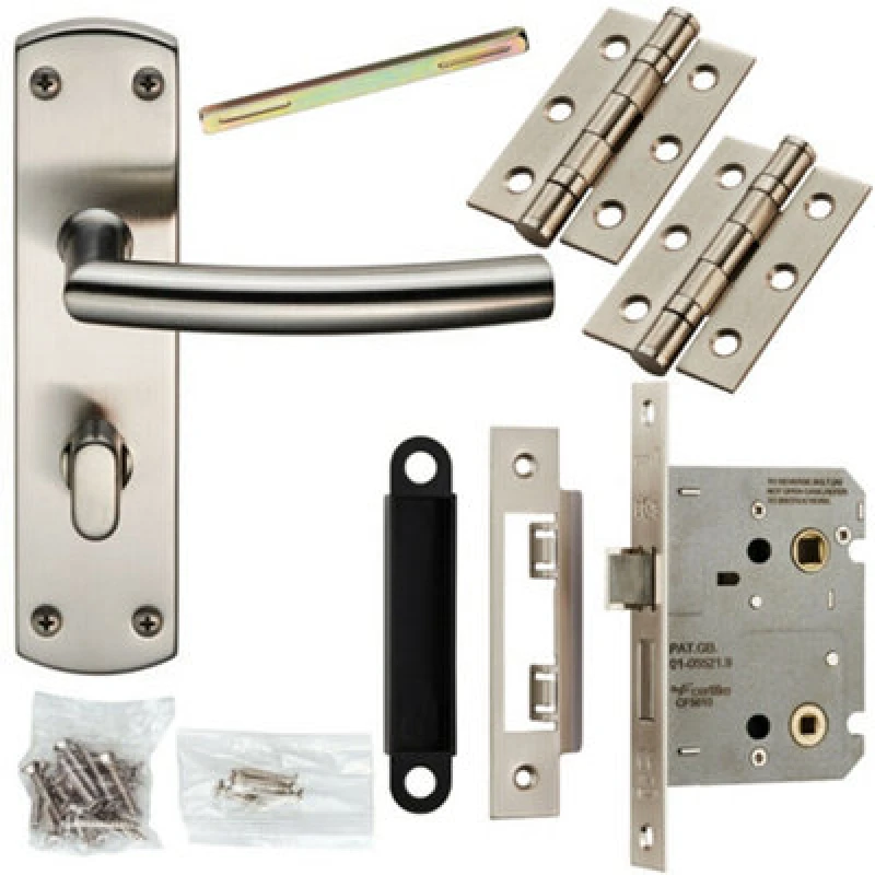 Image of Loops Door Handle & Bathroom Lock Pack Satin Steel Curved & Mitred Bar Backplate Metallics