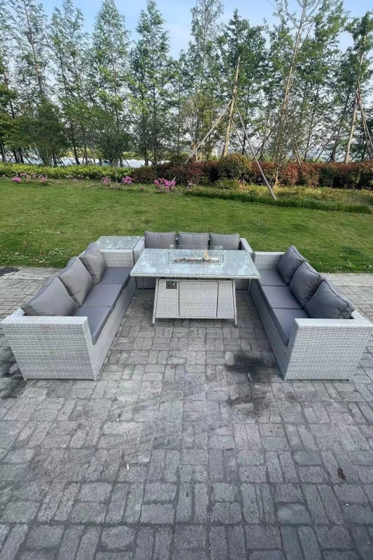 Image of Fimous Light Grey U Shape Lounge Sofa Dining Set Gas Heater Firepit Dining Table Set Coffee Tea Table Light Grey