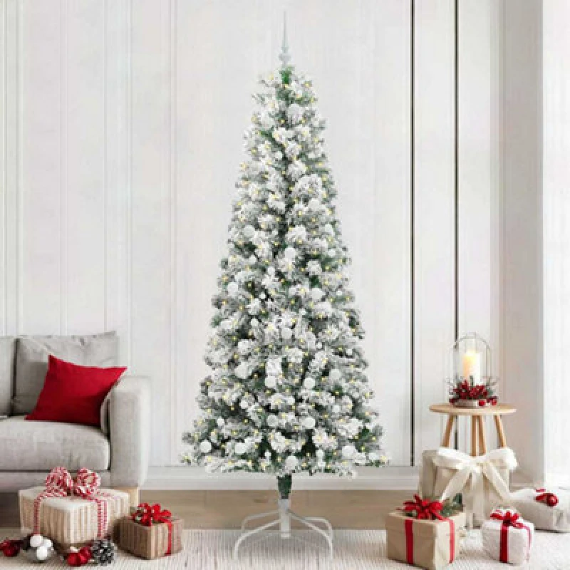 Image of vidaXL Artificial Hinged Christmas Tree with White Balls Green and white 240 cm, Green 3395616