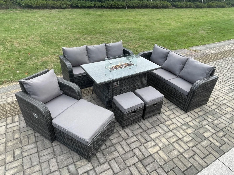 Image of Fimous 10 Seater Wicker Rattan Garden Furniture Set Gas Fire Pit Dining Table Reclining Chair 3 Seater Sofa Set Indoor Outdoor with 3 Footstools Dark