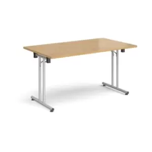 Image of Rectangular folding leg table with silver legs and straight foot rails 1400mm x 800mm - oak