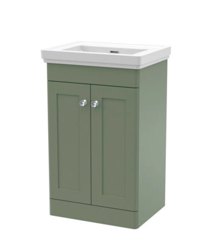 Image of NUIE Nuie - Classique Floor Standing 2-Door Vanity Unit with Basin 500mm Wide Satin Green - 0 Tap Hole CLC823H