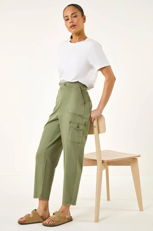 Image of Roman Womens Petite Cotton Cargo Stretch Trousers in Dark Green Size: 12 Dark Green Female 12