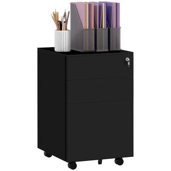 Image of Vinsetto 3-Drawer Vertical Filing Cabinet w/ Lock & Pencil Tray, Steel Mobile File Cabinet w/ Adjustable Hanging Bar for A4, Legal Size, Black